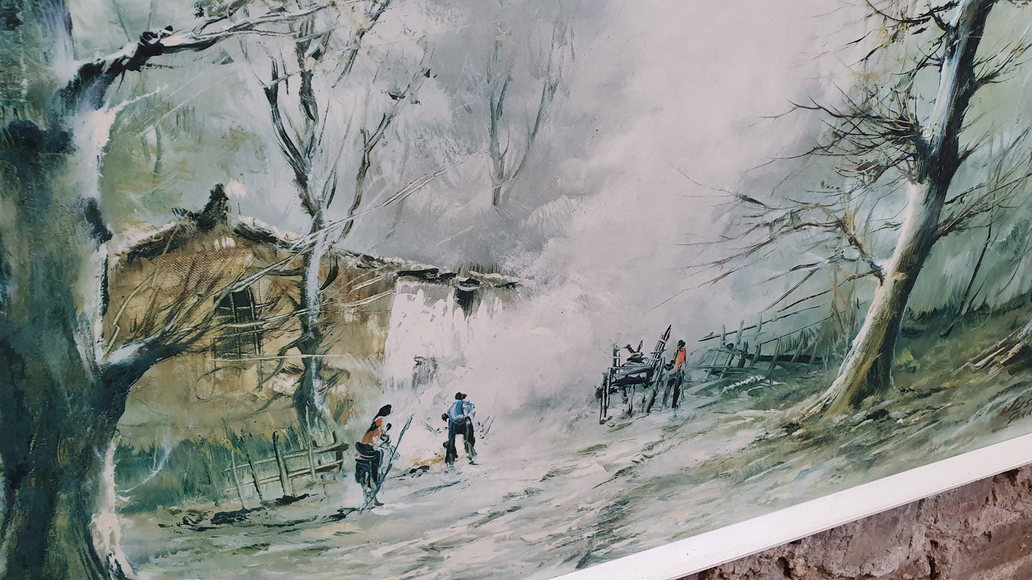 Huge 1960’s Retro Print Woodcutters Justo, Garrido 116 x 55 cm