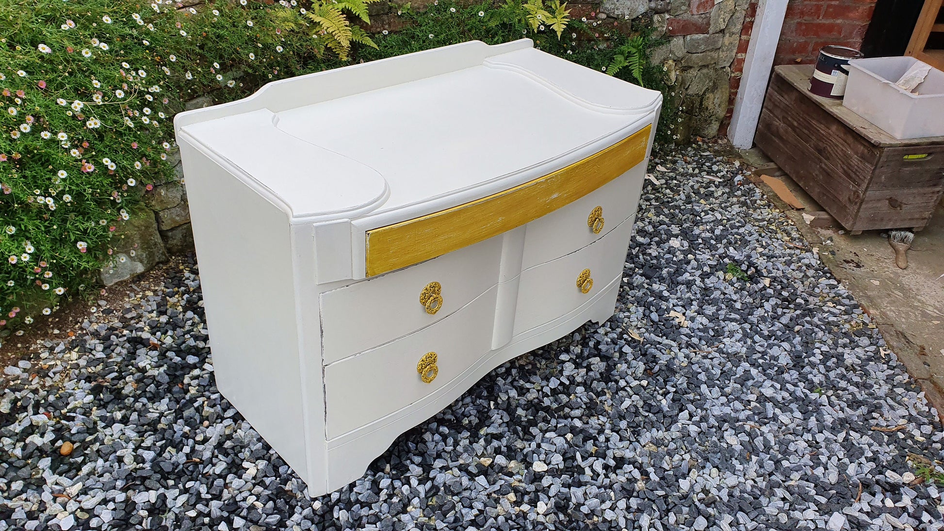 Vintage Retro 50’s Painted Shabby Chic Chest of Drawers Cream and Gold