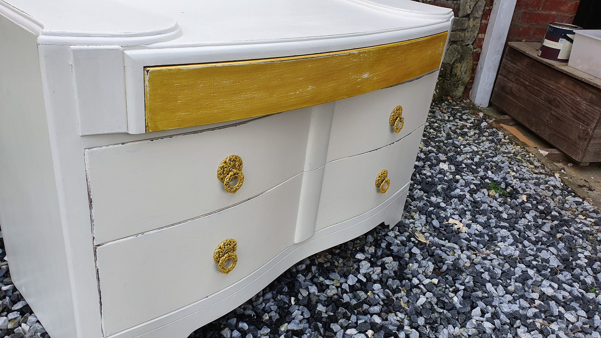 Vintage Retro 50’s Painted Shabby Chic Chest of Drawers Cream and Gold