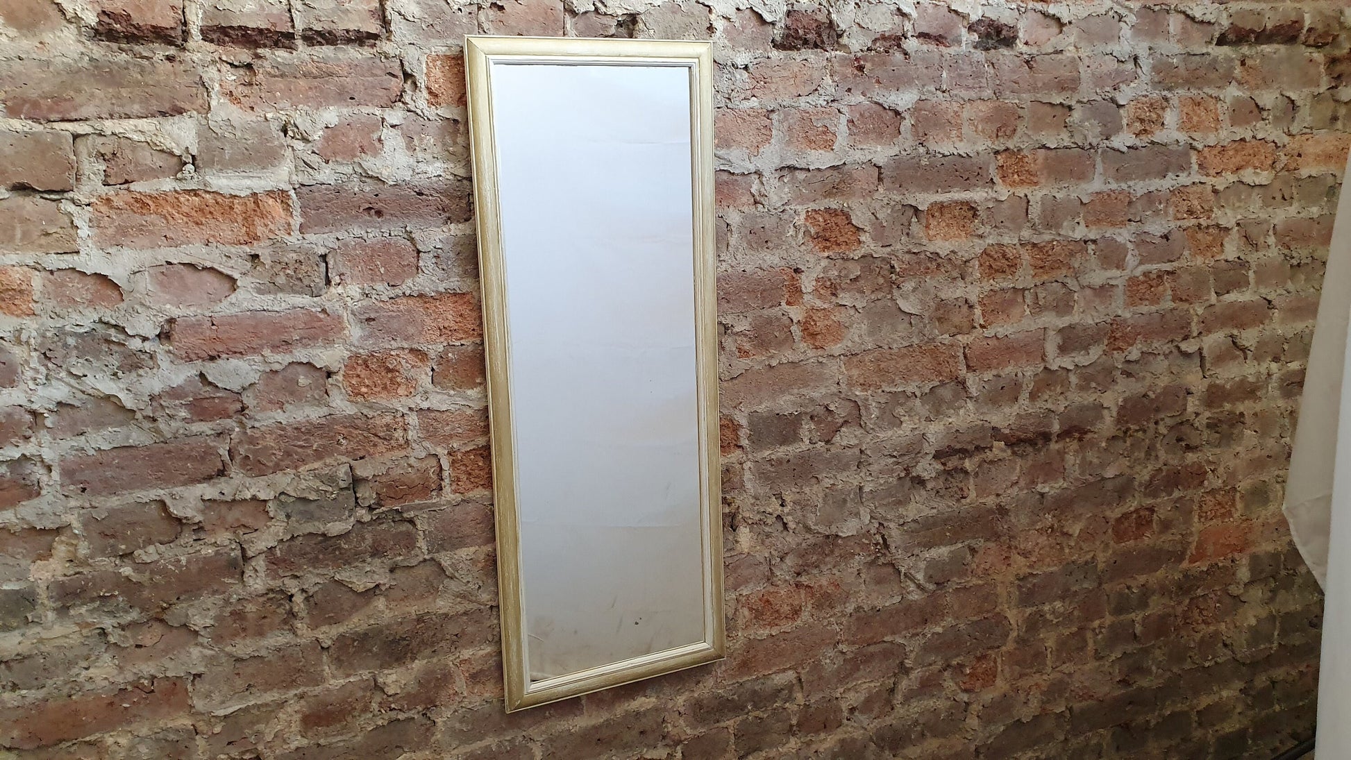 Long 80’s Unique Hand Painted Wall Mirror Gold and Cream Distressed Finish