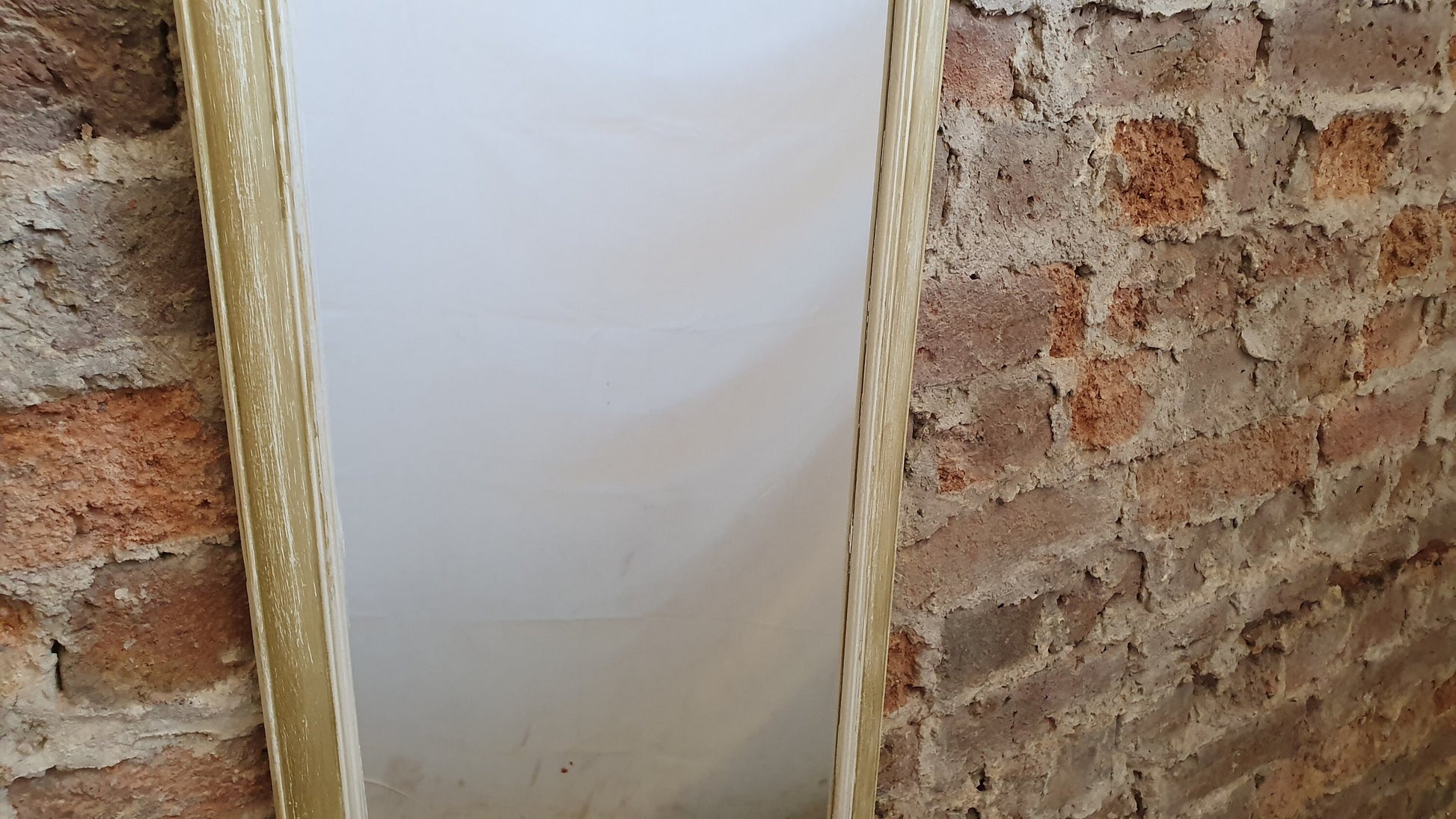 Long 80’s Unique Hand Painted Wall Mirror Gold and Cream Distressed Finish