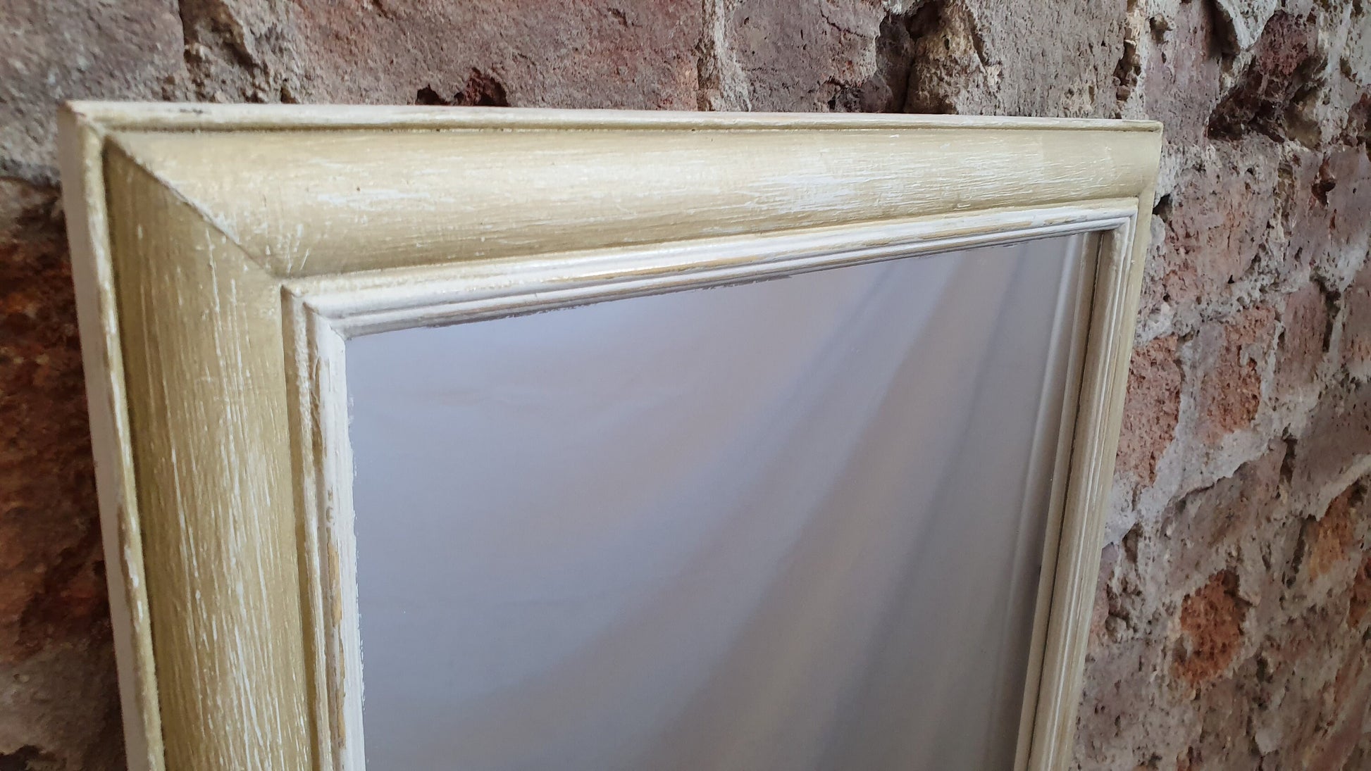 Long 80’s Unique Hand Painted Wall Mirror Gold and Cream Distressed Finish