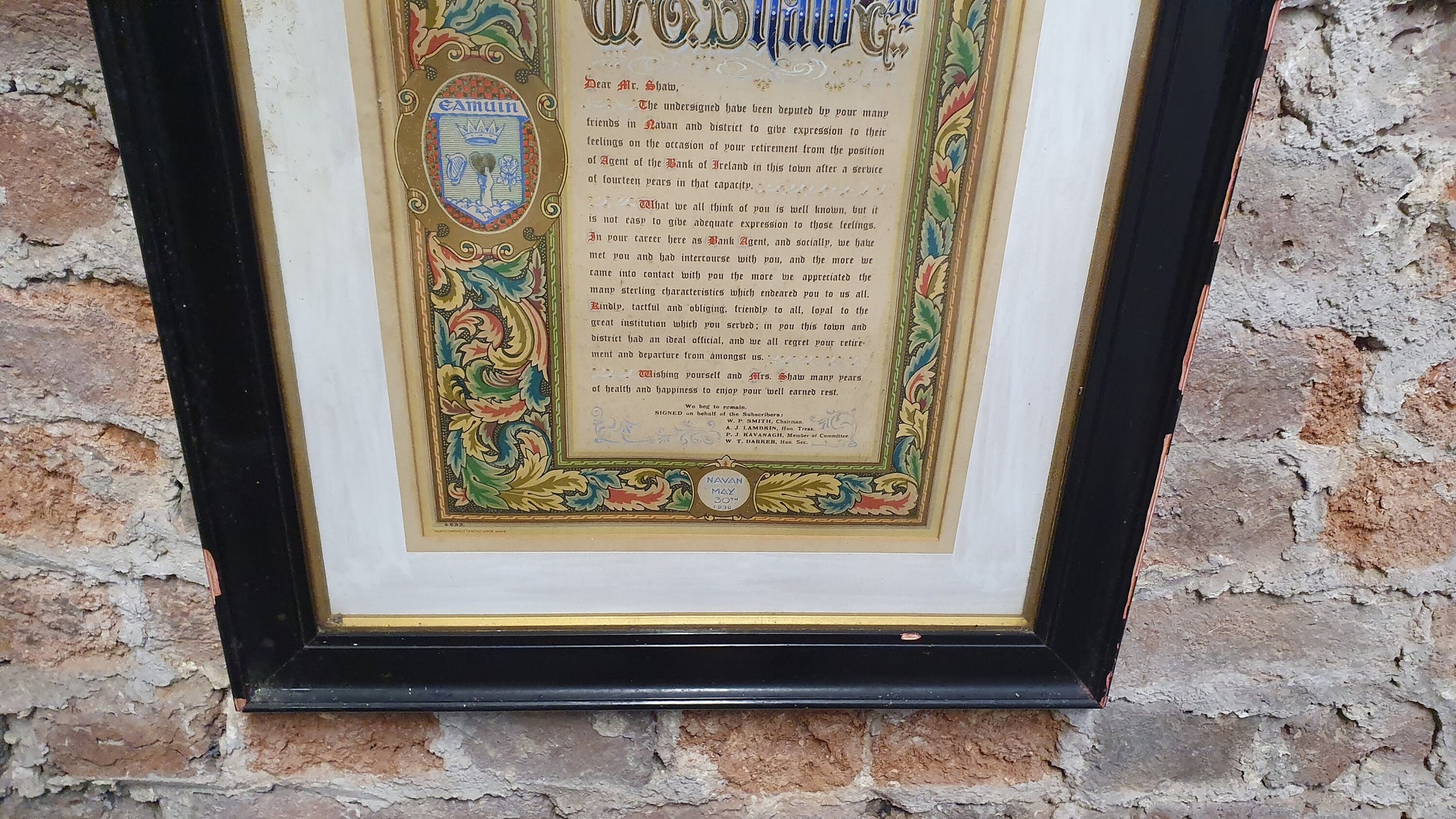 Large 1930 Vintage Bank of Ireland Mr Shaw Retirement Certificate Navan and District. Bank of Ireland