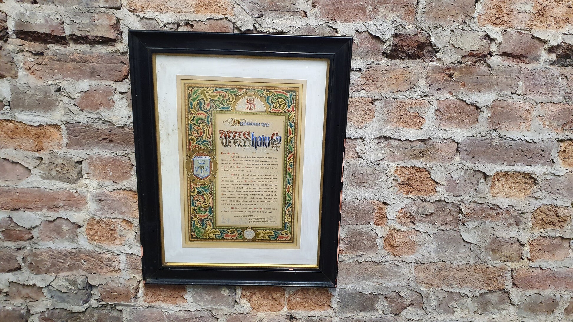 Large 1930 Vintage Bank of Ireland Mr Shaw Retirement Certificate Navan and District. Bank of Ireland
