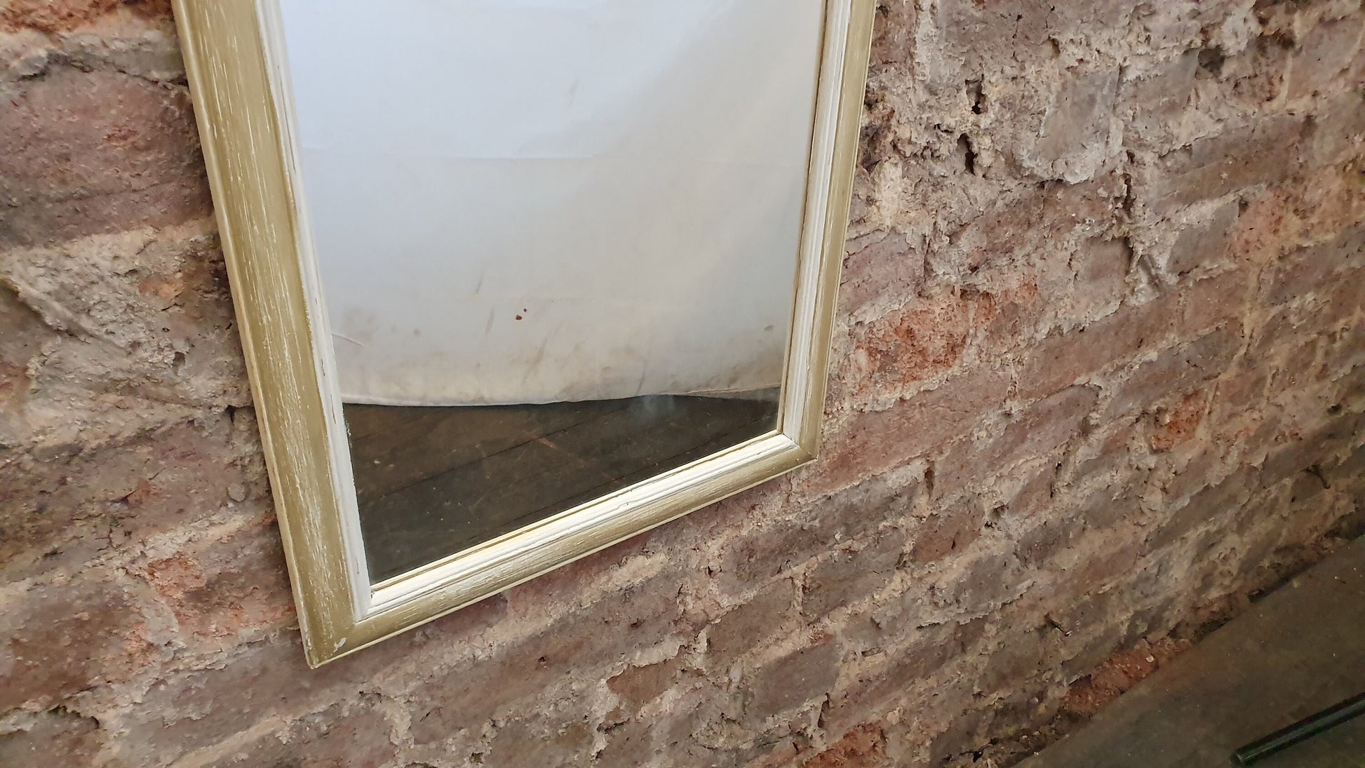 Long 80’s Unique Hand Painted Wall Mirror Gold and Cream Distressed Finish