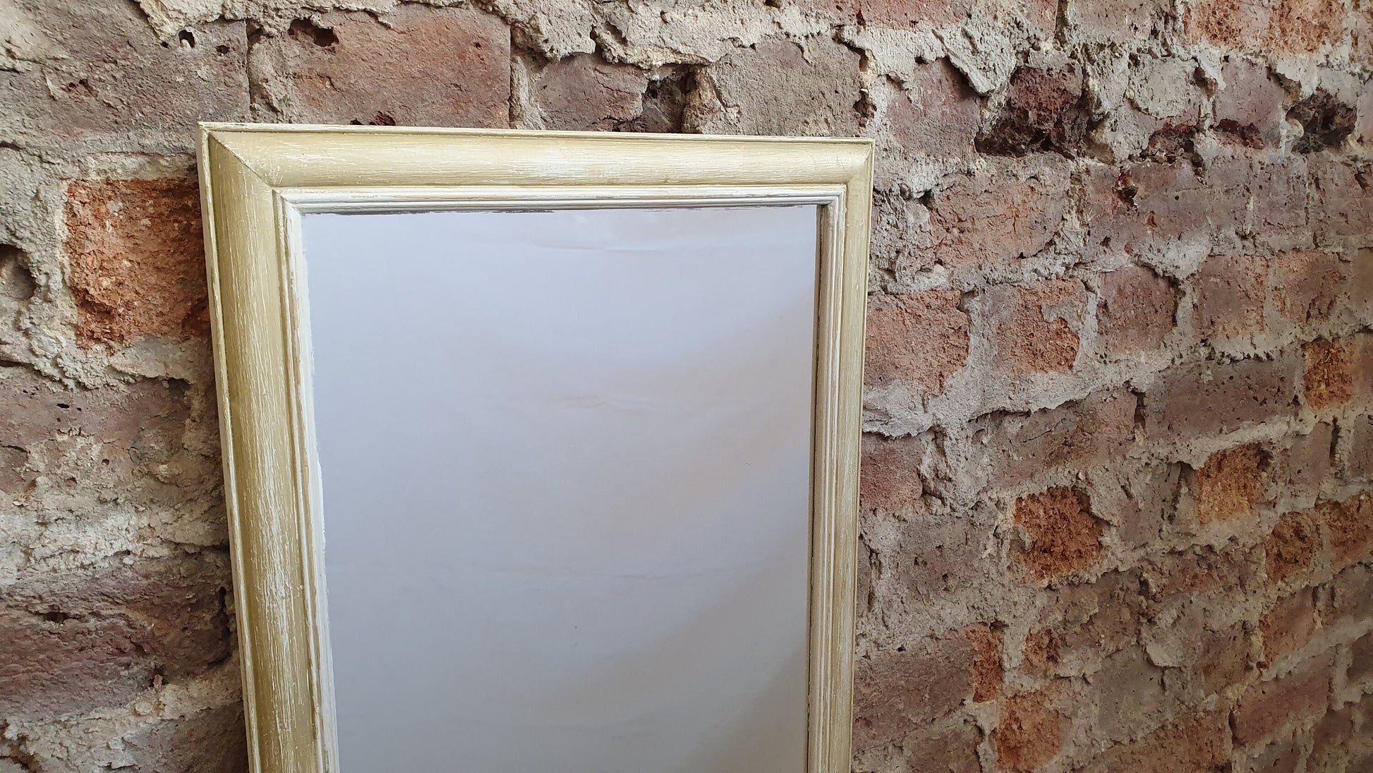 Long 80’s Unique Hand Painted Wall Mirror Gold and Cream Distressed Finish