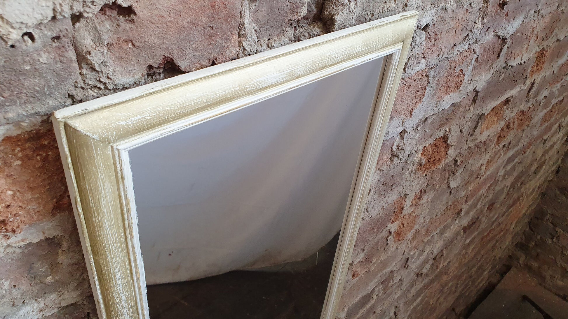 Long 80’s Unique Hand Painted Wall Mirror Gold and Cream Distressed Finish