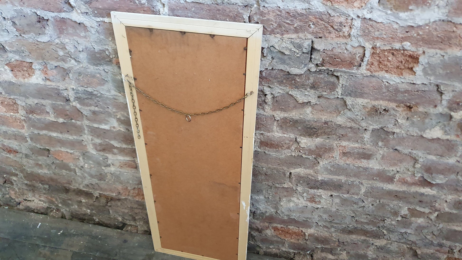 Long 80’s Unique Hand Painted Wall Mirror Gold and Cream Distressed Finish