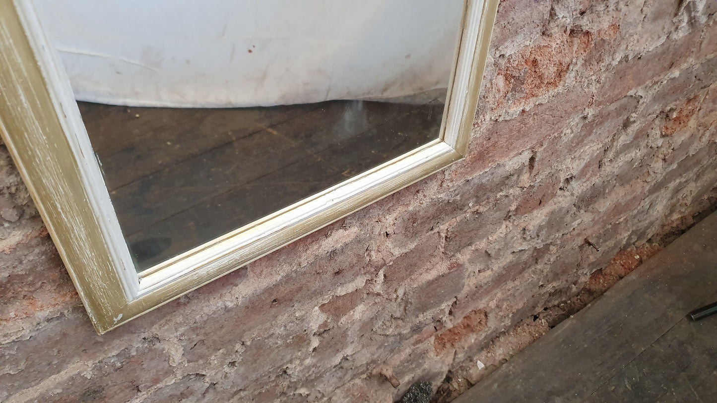 Long 80’s Unique Hand Painted Wall Mirror Gold and Cream Distressed Finish