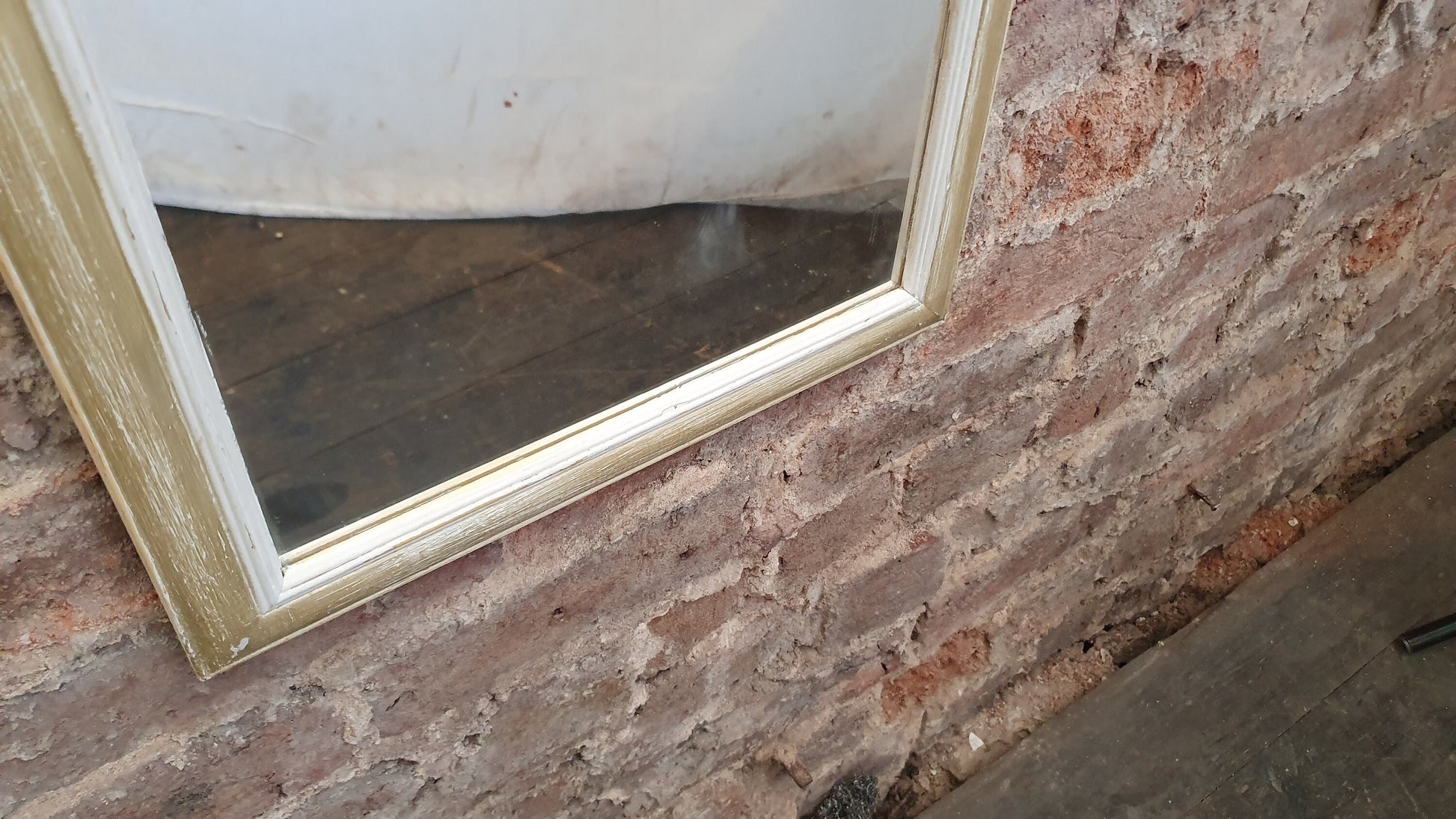 Long 80’s Unique Hand Painted Wall Mirror Gold and Cream Distressed Finish