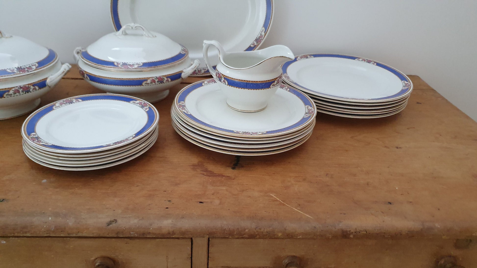 Vintage Part Dinner Service Mid 20th Century. Lawleys Norfolk Pottery. Blue and Floral