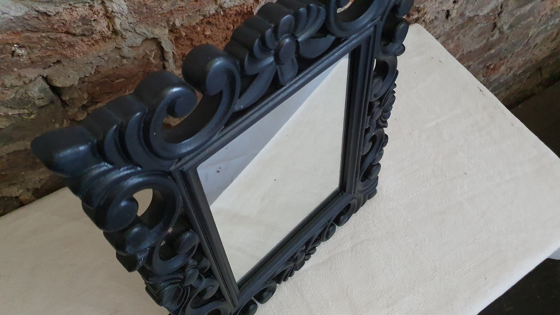 Hand Painted Free Standing Ornate Wooden Mirror in Farrow and Ball ‘Pitch Black’