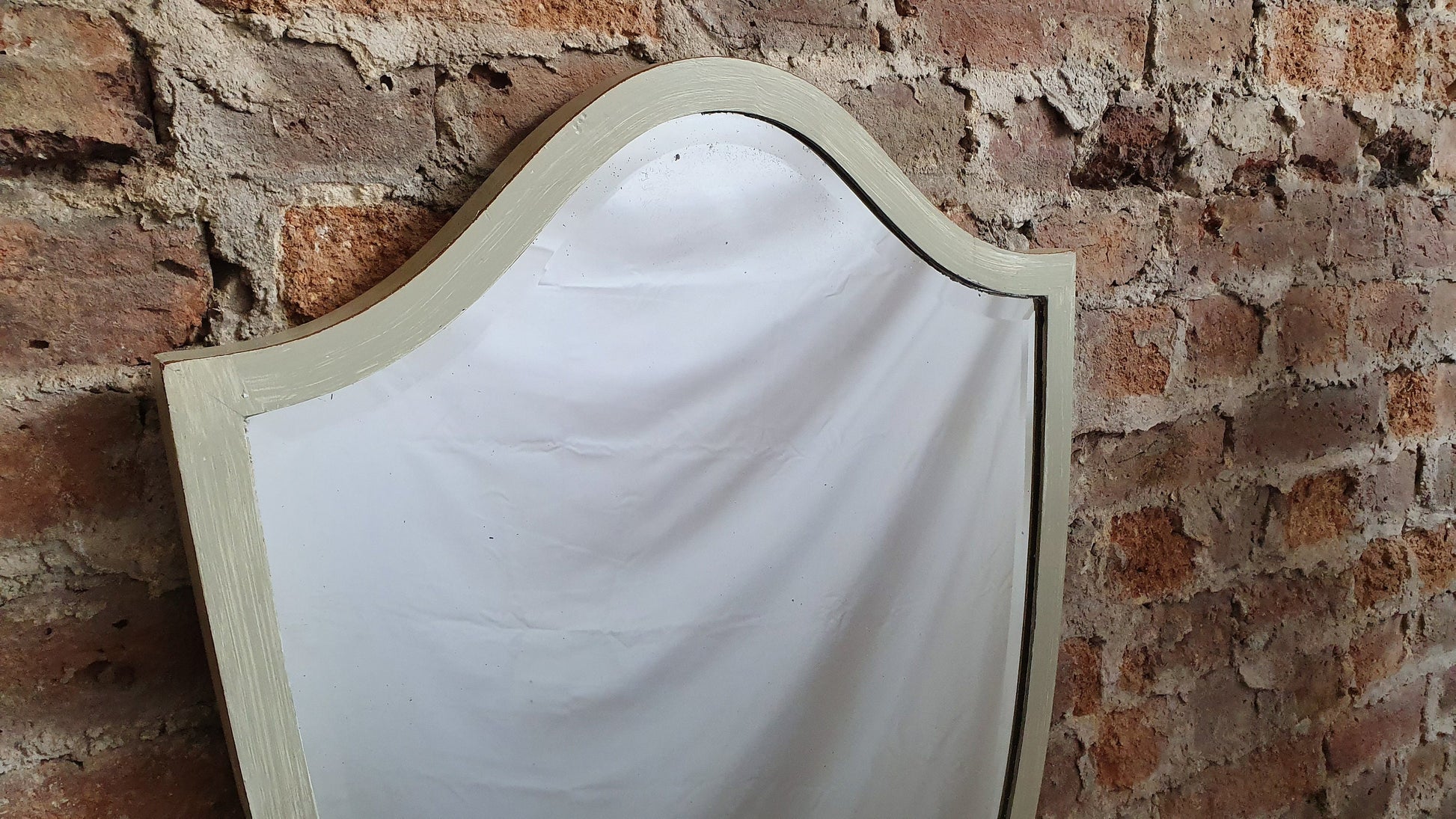 Huge Vintage Edwardian Mahogany Shield Shape Wall Mirror ‘Washed’ in Farrow and Ball French Gray
