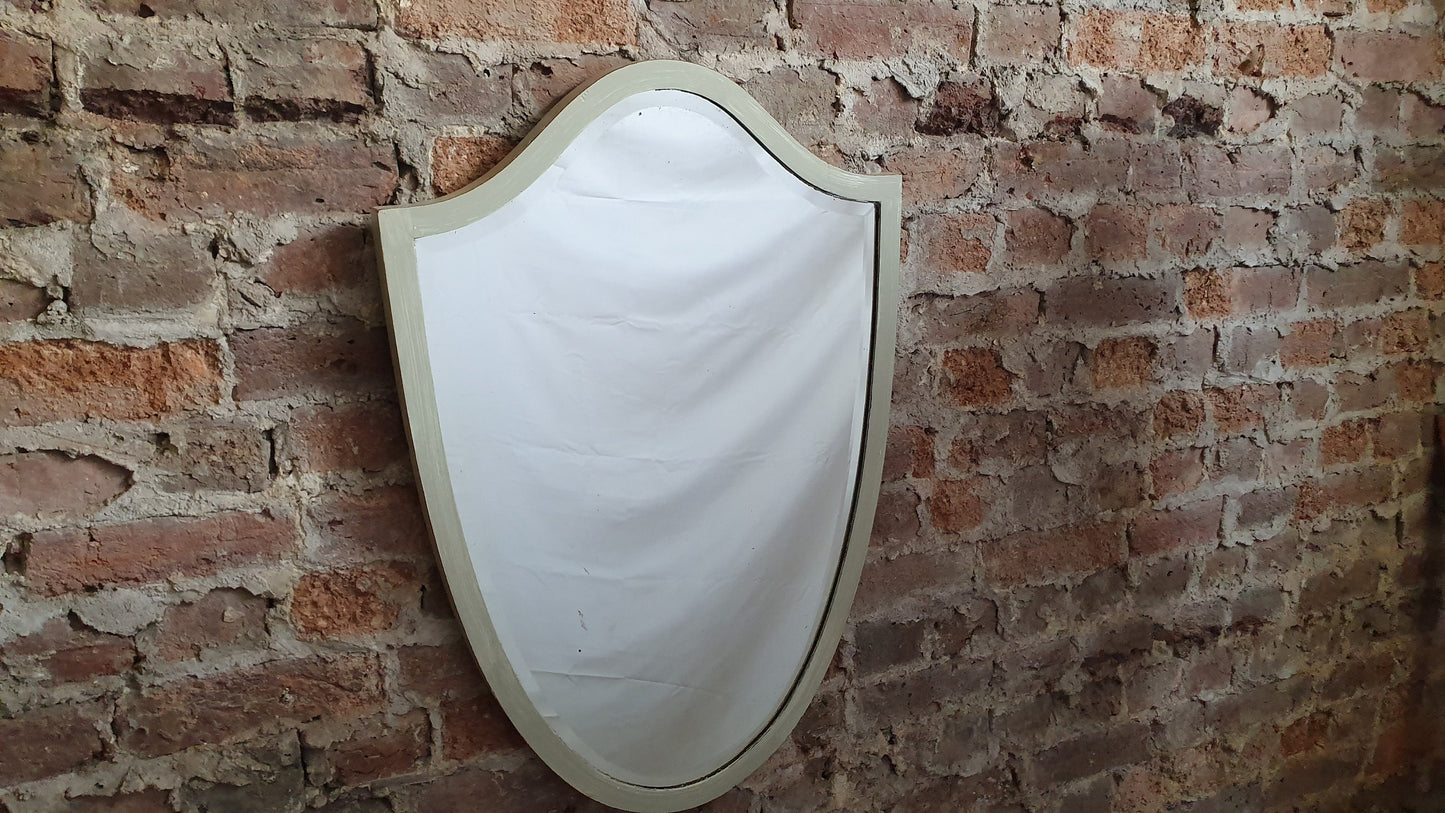 Huge Vintage Edwardian Mahogany Shield Shape Wall Mirror ‘Washed’ in Farrow and Ball French Gray