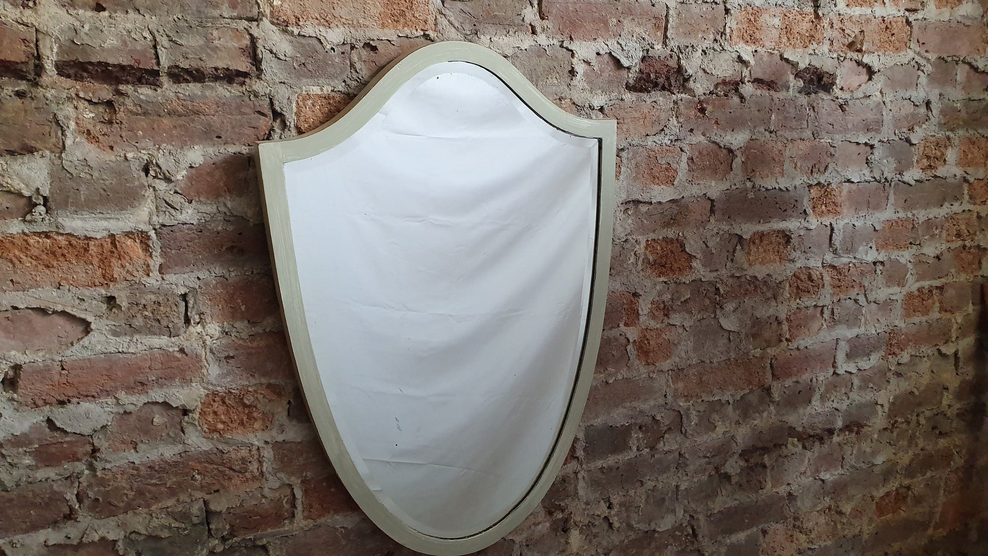 Huge Vintage Edwardian Mahogany Shield Shape Wall Mirror ‘Washed’ in Farrow and Ball French Gray