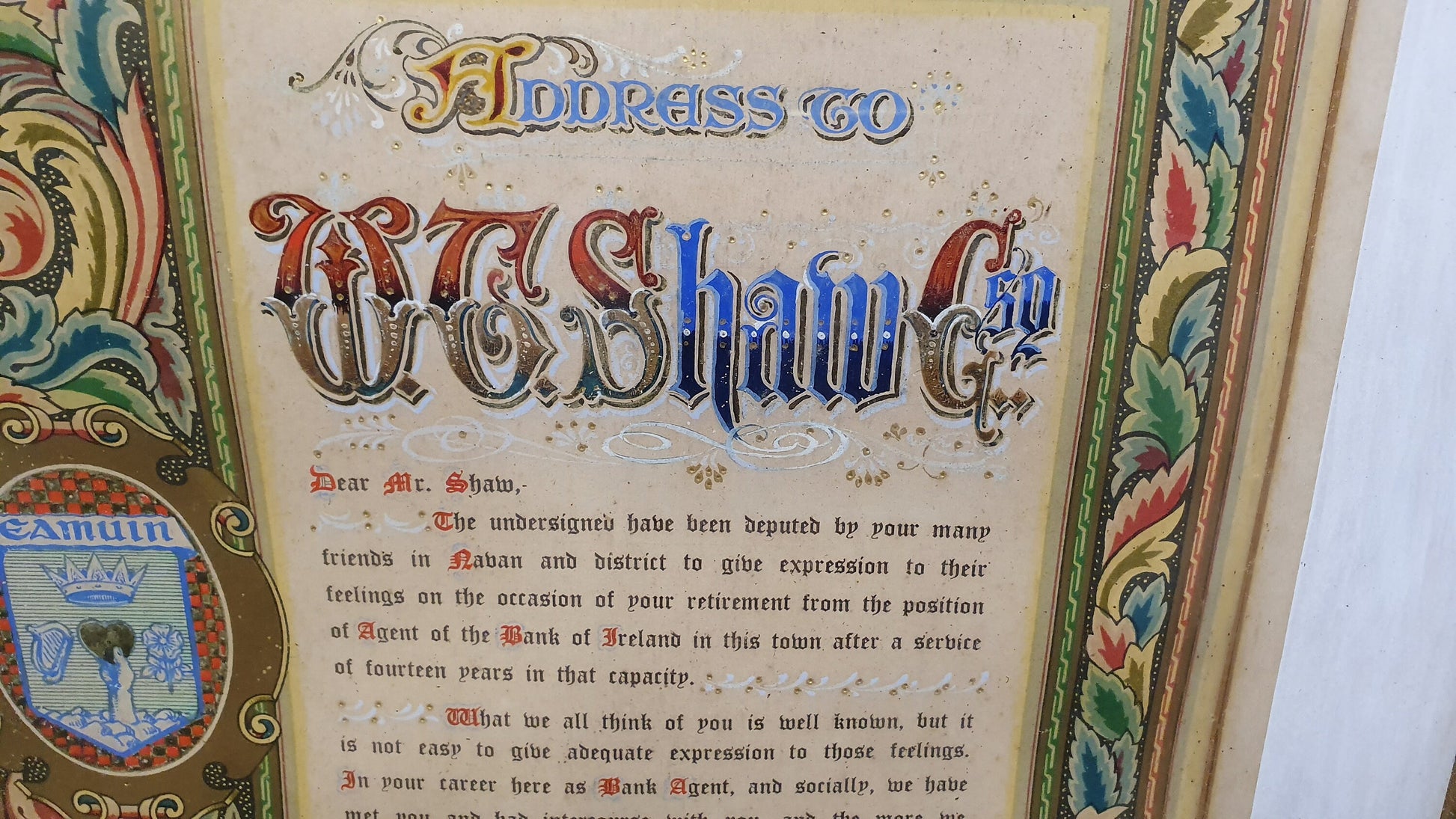 Large 1930 Vintage Bank of Ireland Mr Shaw Retirement Certificate Navan and District. Bank of Ireland