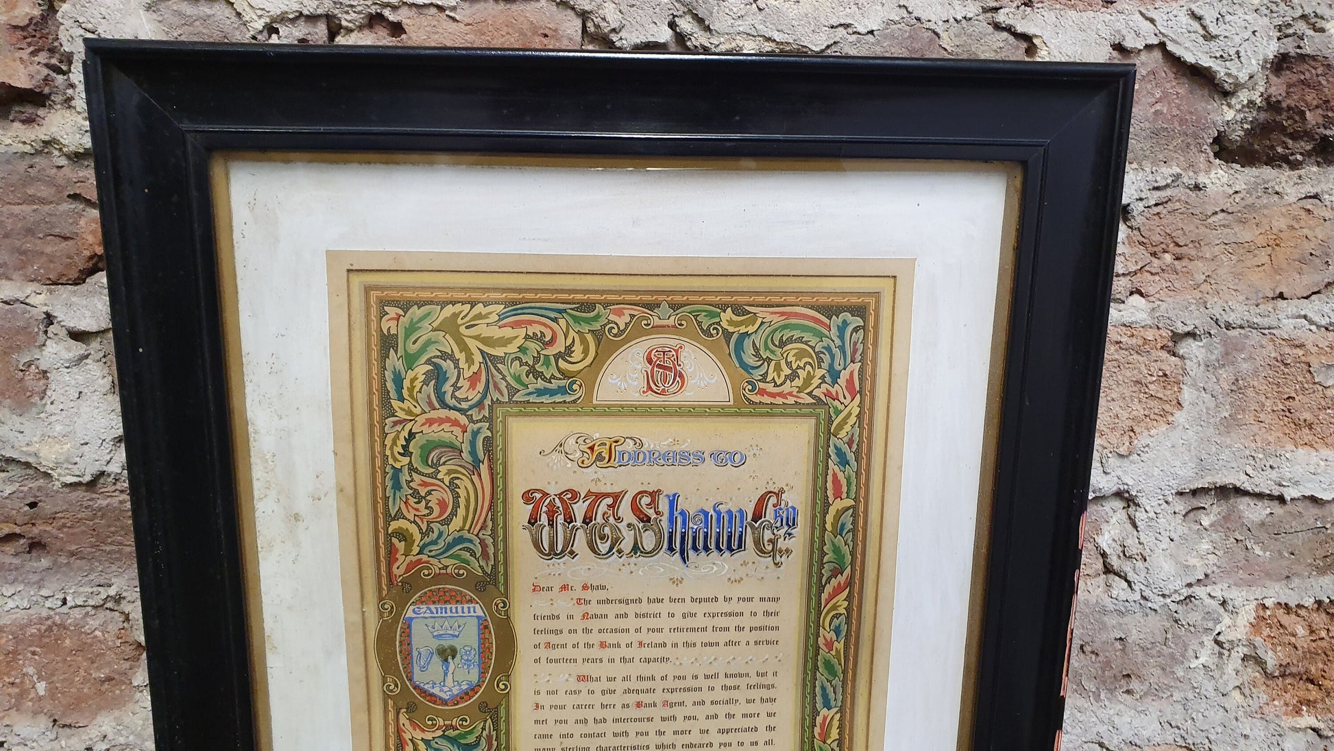 Large 1930 Vintage Bank of Ireland Mr Shaw Retirement Certificate Navan and District. Bank of Ireland