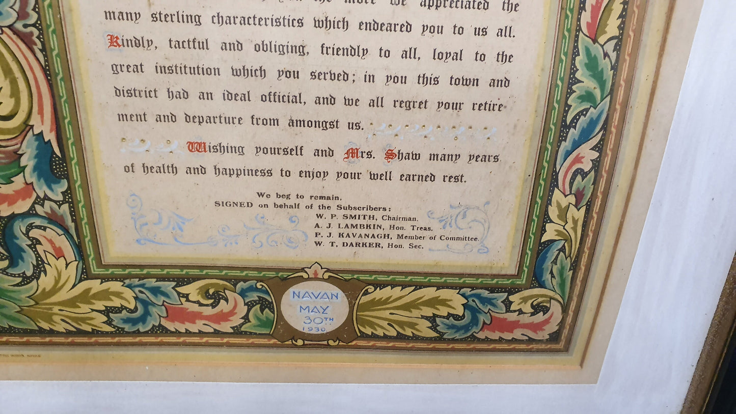 Large 1930 Vintage Bank of Ireland Mr Shaw Retirement Certificate Navan and District. Bank of Ireland