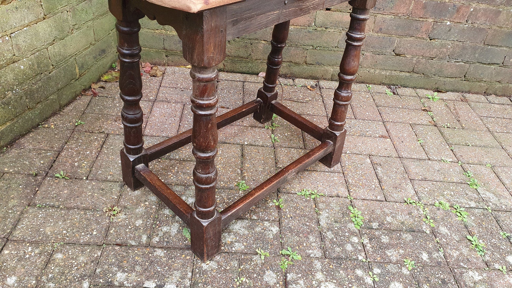 Quirky Vintage Oak Table Stool Coffee Side Stripped Top Turned Legs