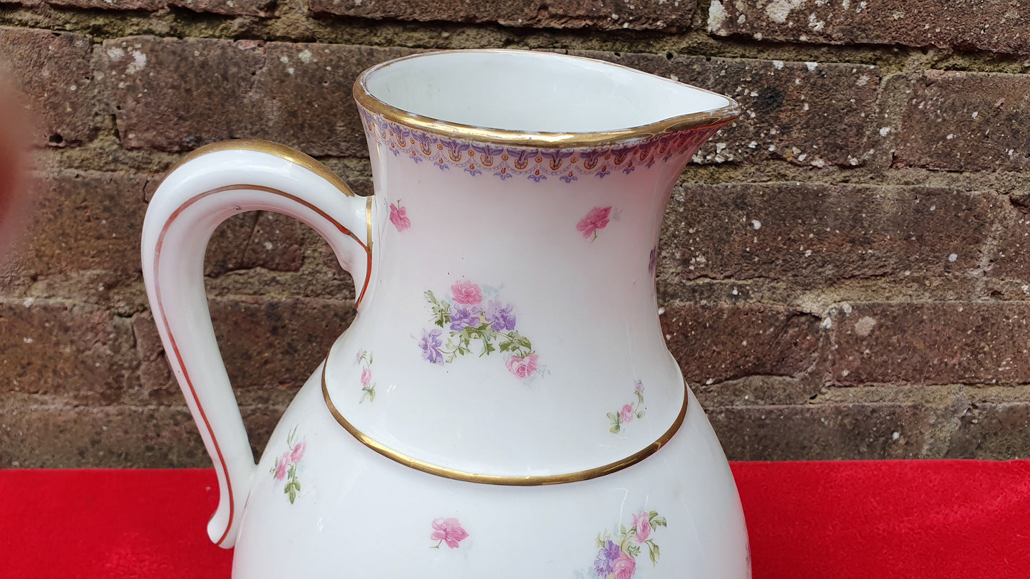 French Vintage Huge Late Victorian/Early 20th Century Limoges Ewer Jug Vase Flower Floral Pattern