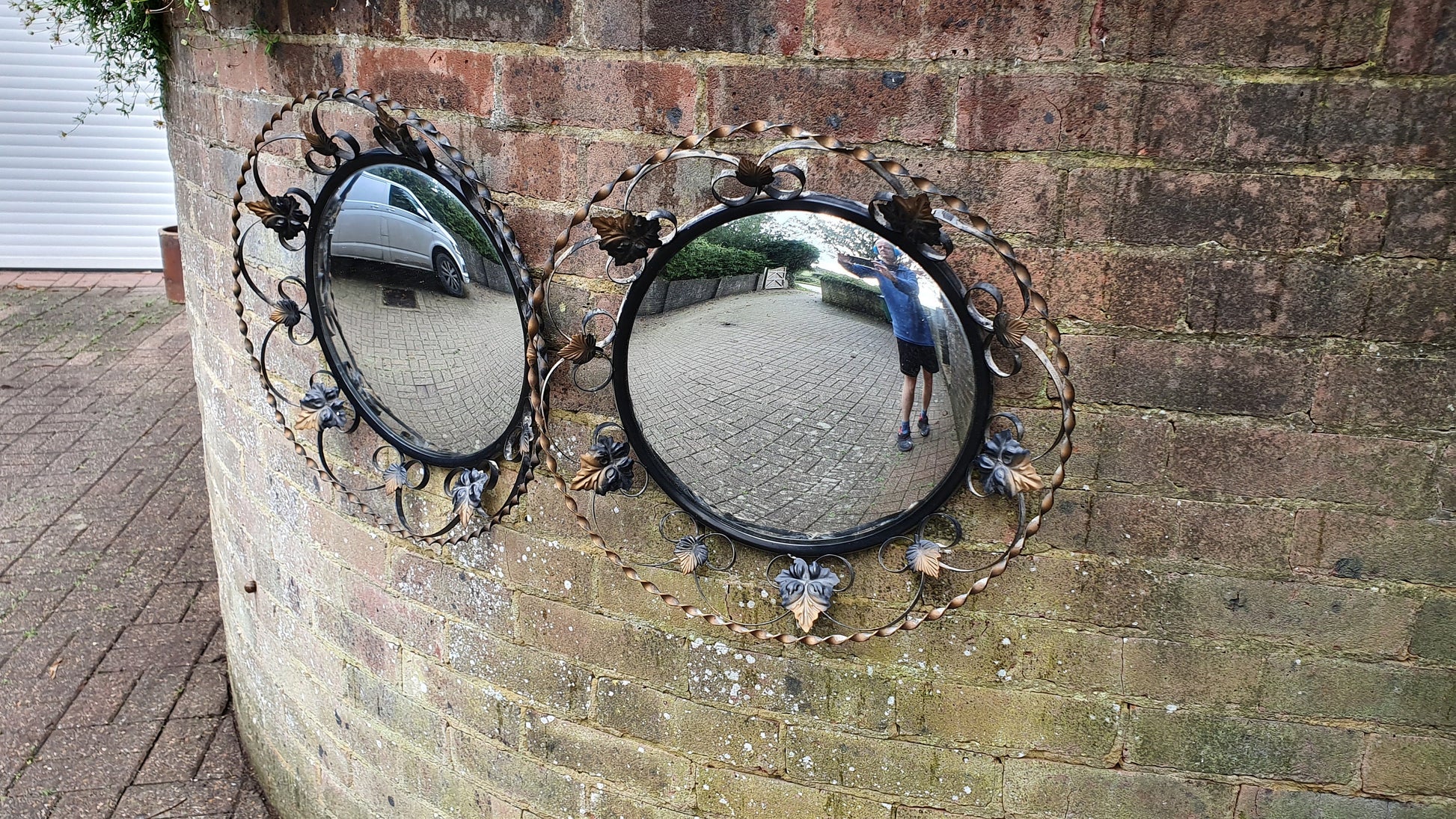 2 Retro Pair Metal Convex Black and Gold Mirrors 1960’s Leaf Shape