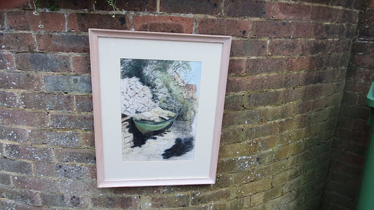 Large Crayon Pastel Drawing Picture Aground in Assos Kefalonia Boat on the Shore