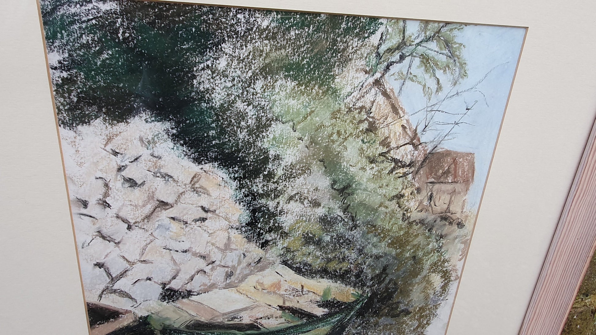 Large Crayon Pastel Drawing Picture Aground in Assos Kefalonia Boat on the Shore