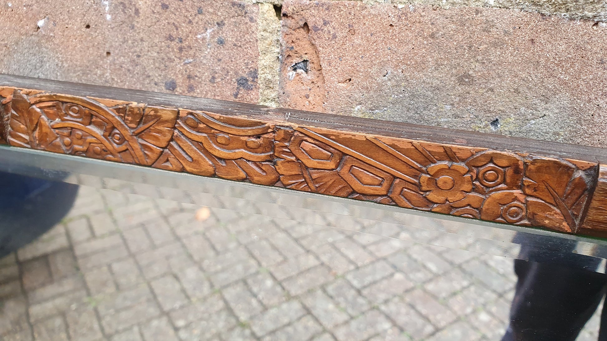 Stunning Pre-War Vintage Retro Bevelled Wall Mirror With Wooden Decoration