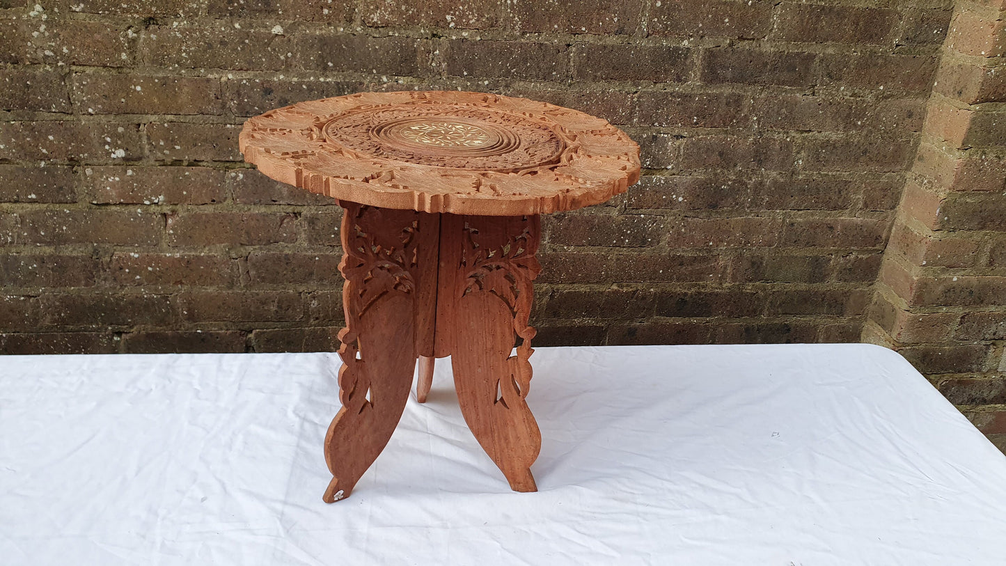 Vintage Carved Wooden Fold Up Coffee Occasional Table. Middle Far East. Foldaway