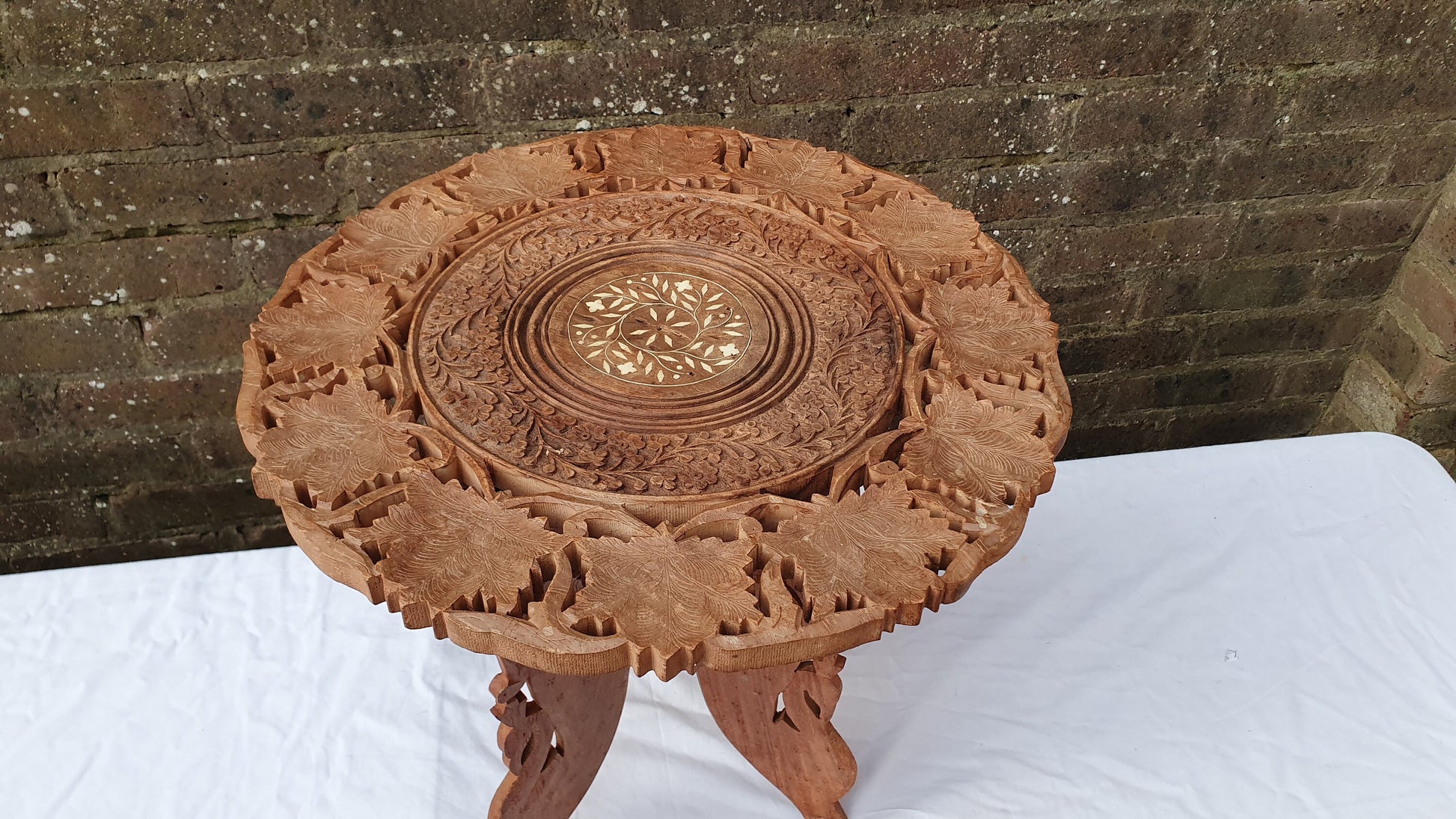 Vintage Carved Wooden Fold Up Coffee Occasional Table. Middle Far East. Foldaway