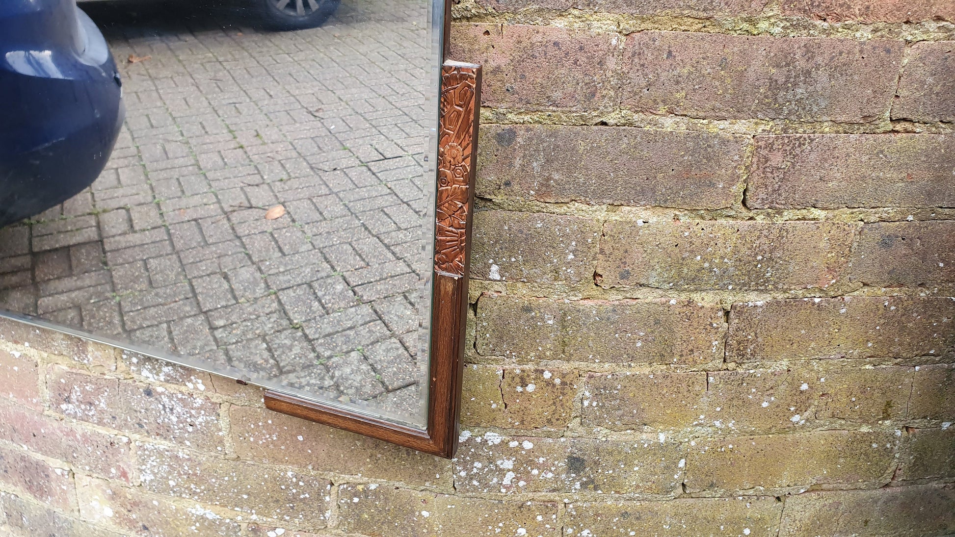 Stunning Pre-War Vintage Retro Bevelled Wall Mirror With Wooden Decoration