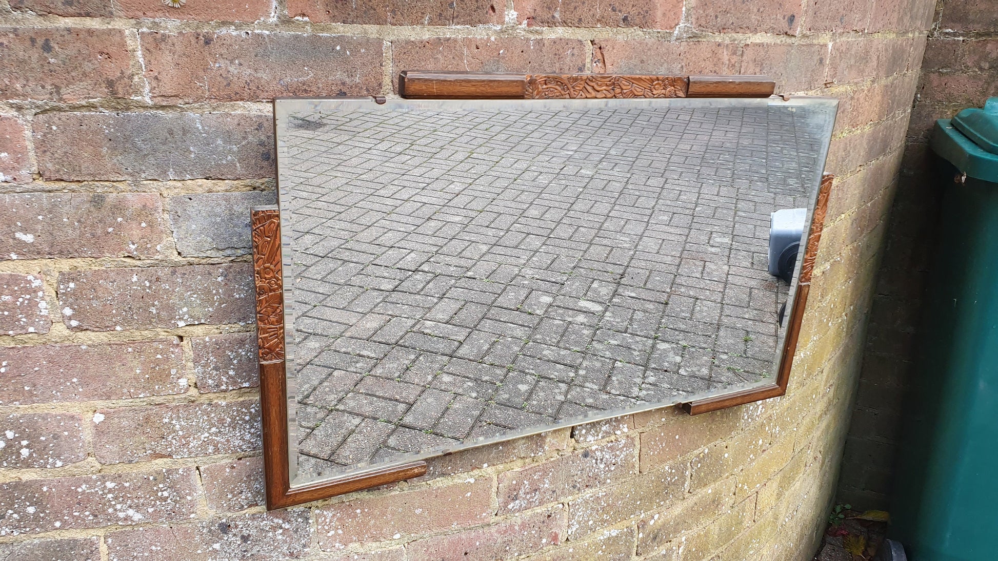 Stunning Pre-War Vintage Retro Bevelled Wall Mirror With Wooden Decoration