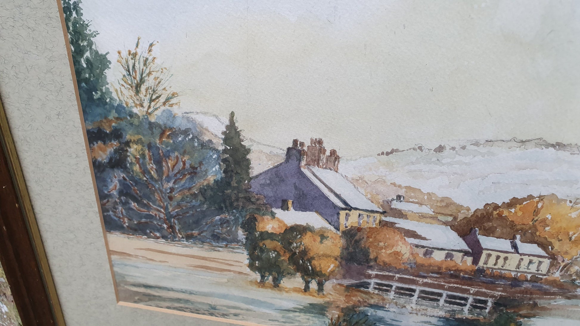 Vintage British Countryside Autumn Snow Original Signed Watercolour Village River Framed