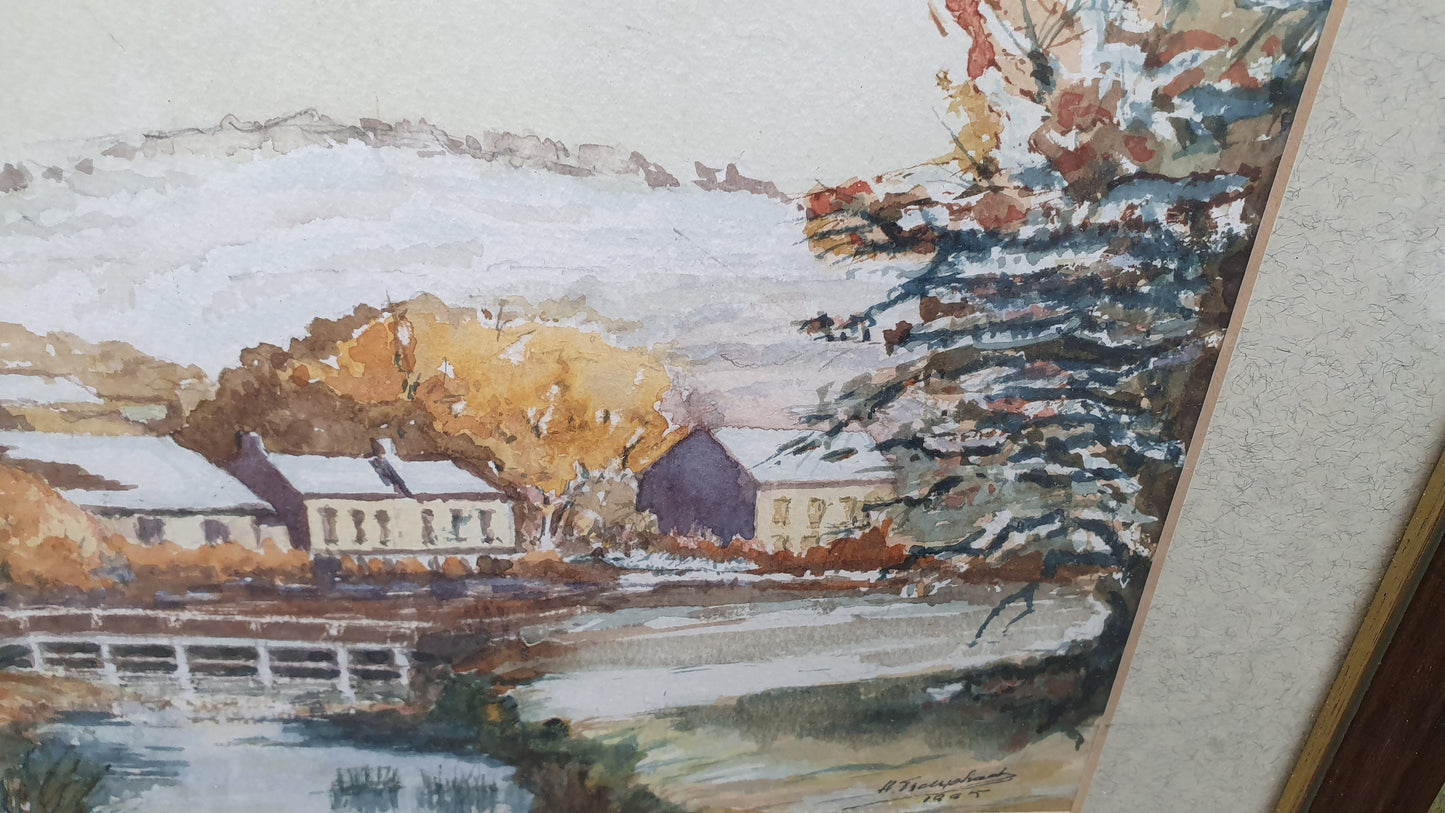 Vintage British Countryside Autumn Snow Original Signed Watercolour Village River Framed