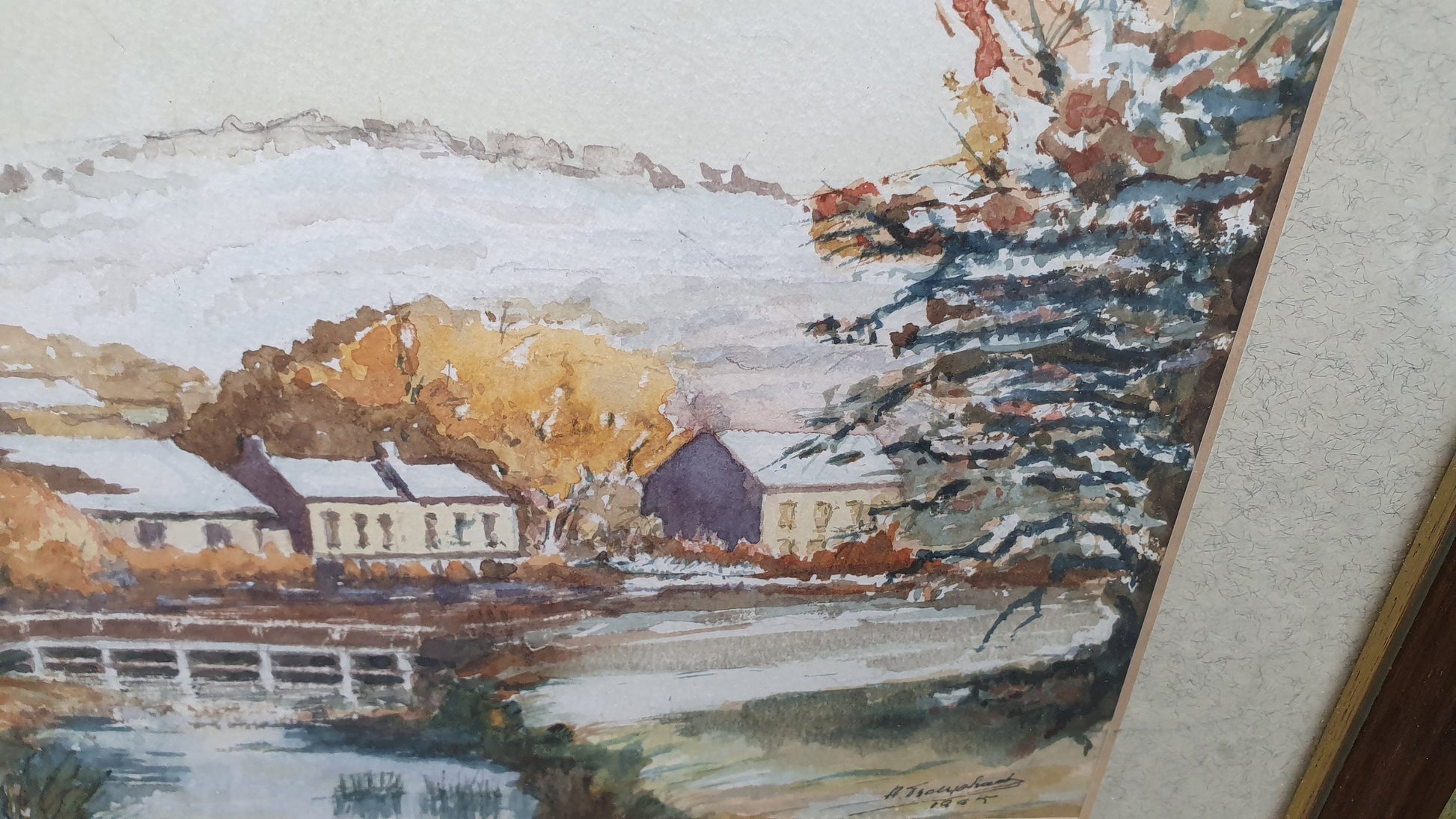 Vintage British Countryside Autumn Snow Original Signed Watercolour Village River Framed