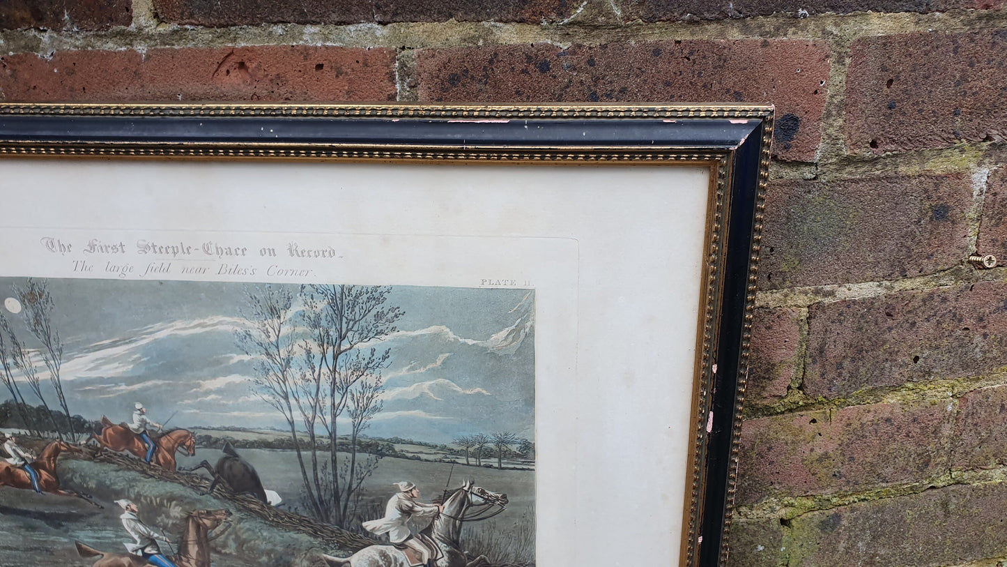 Large First Steeple-Chase Antique Hand Coloured Print Henry Alken John Harris Horse Racing Equestrian Victorian Framed 58.5 x 49.5 cm