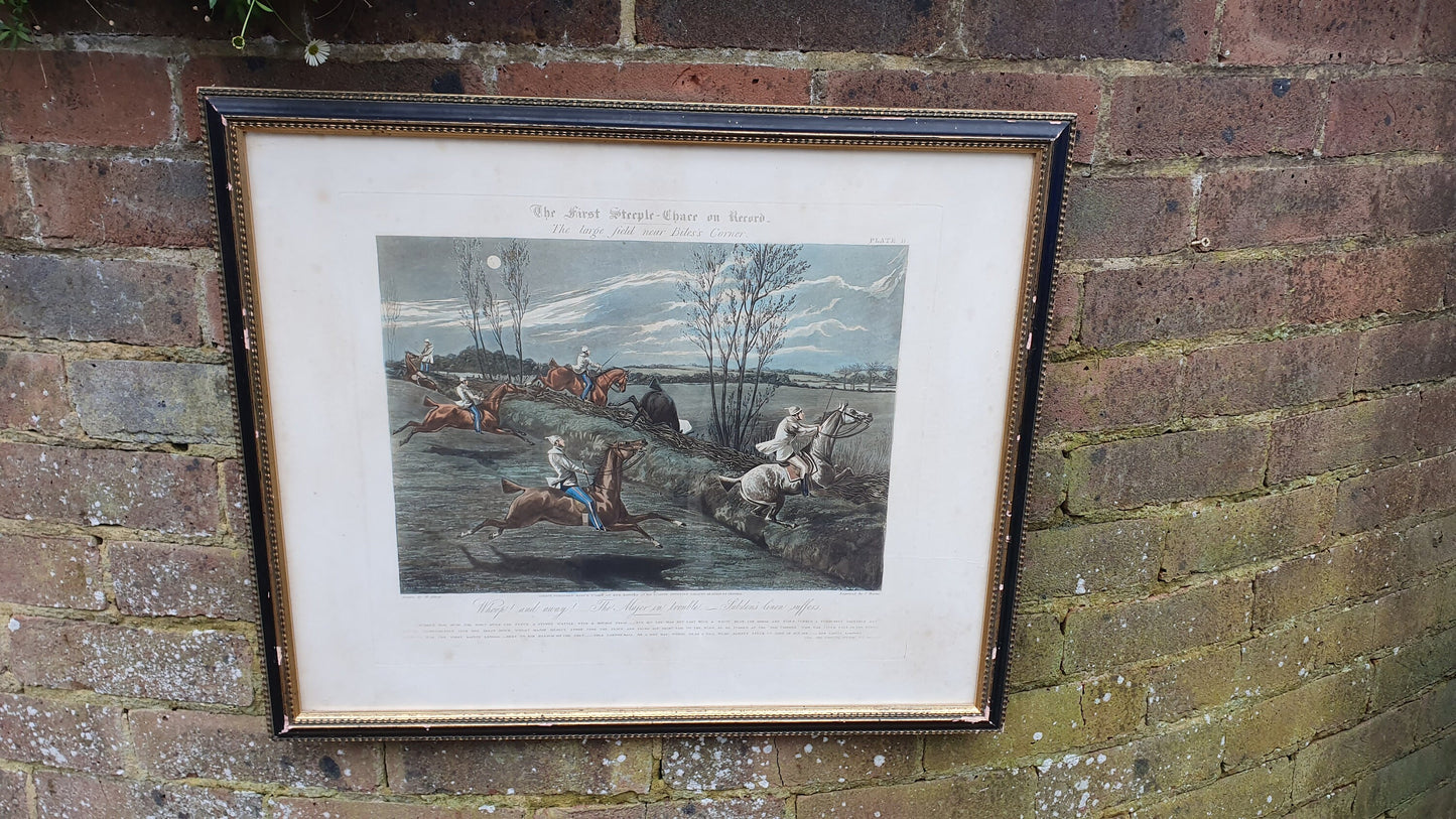 Large First Steeple-Chase Antique Hand Coloured Print Henry Alken John Harris Horse Racing Equestrian Victorian Framed 58.5 x 49.5 cm