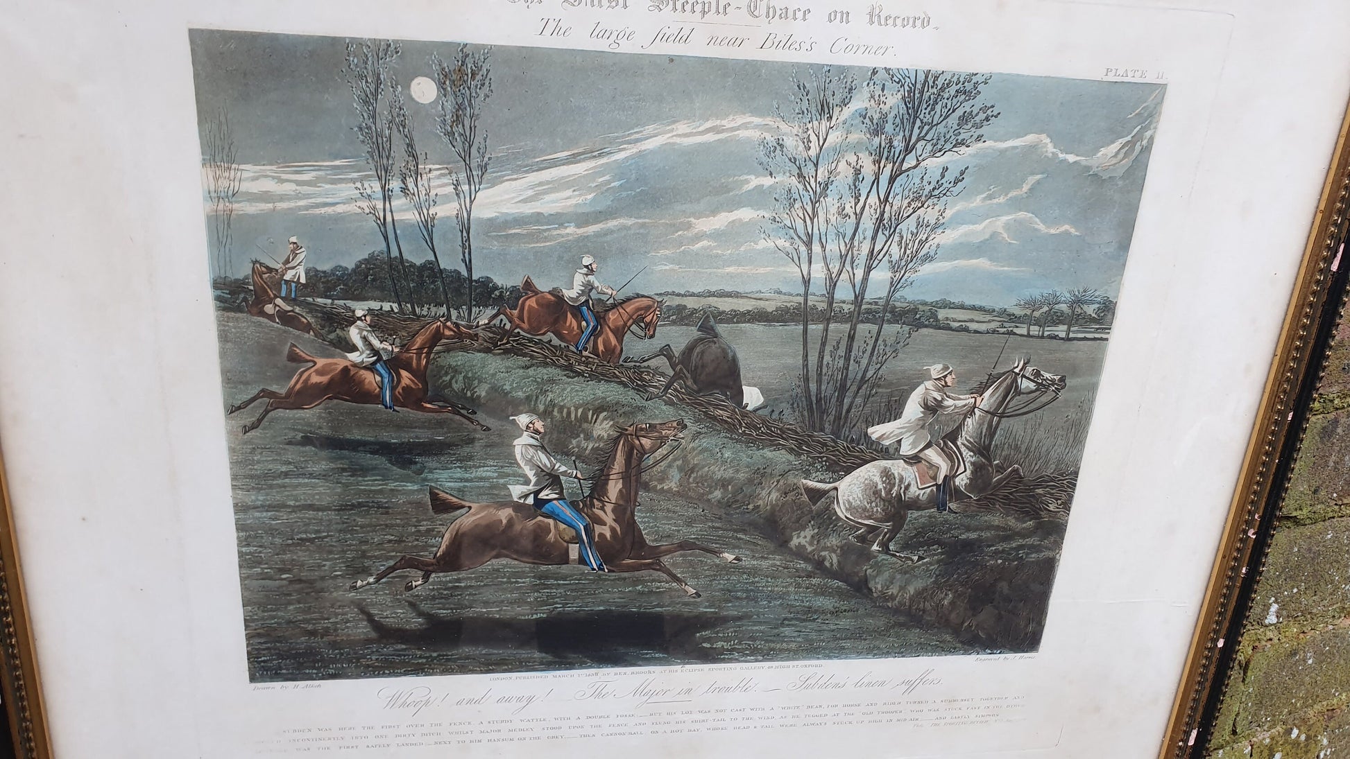 Large First Steeple-Chase Antique Hand Coloured Print Henry Alken John Harris Horse Racing Equestrian Victorian Framed 58.5 x 49.5 cm