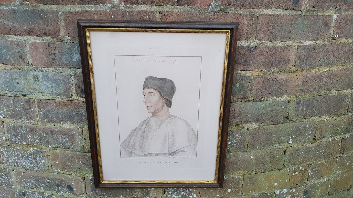 John Colet Dean of St Paul's Cathedral Antique Portrait Coloured Engraving Georgian Print Framed