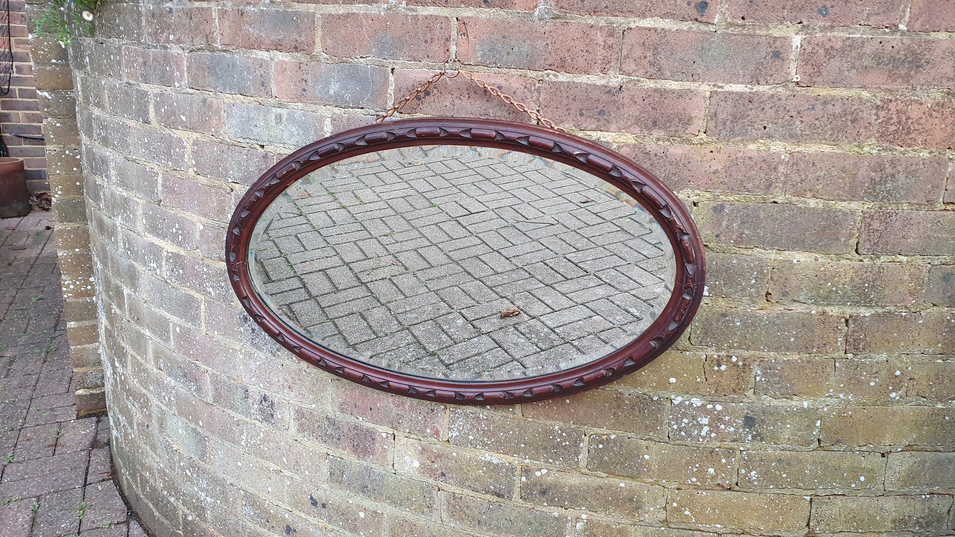 Vintage Oval Oak Carved Wall Mirror