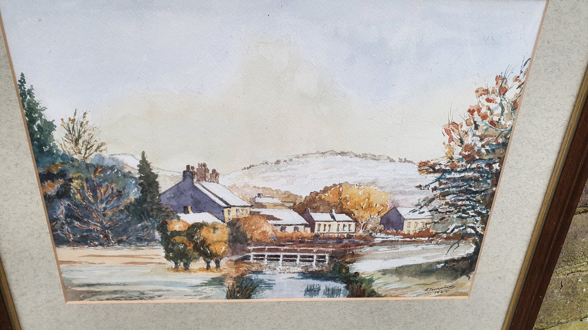 Vintage British Countryside Autumn Snow Original Signed Watercolour Village River Framed