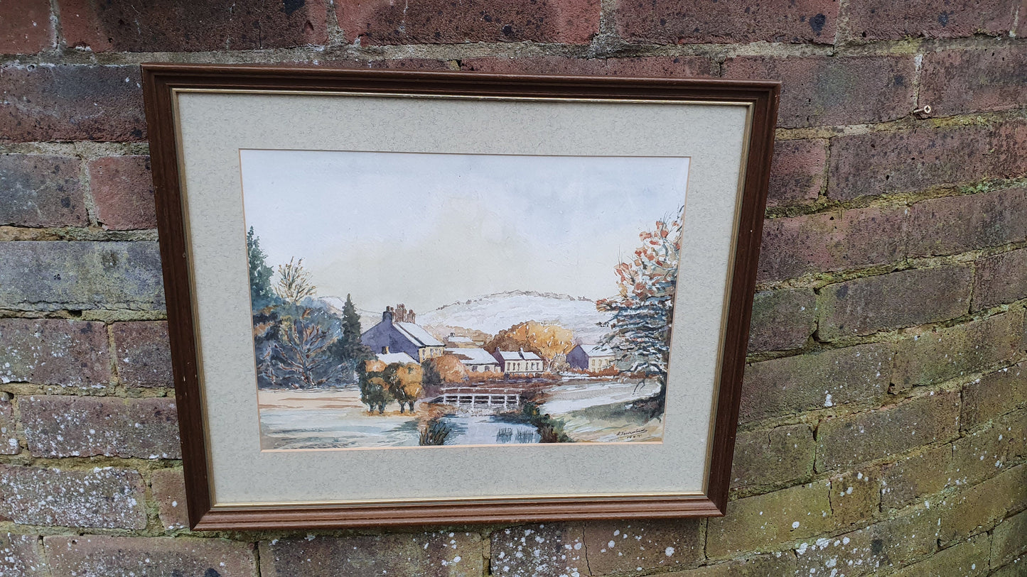 Vintage British Countryside Autumn Snow Original Signed Watercolour Village River Framed