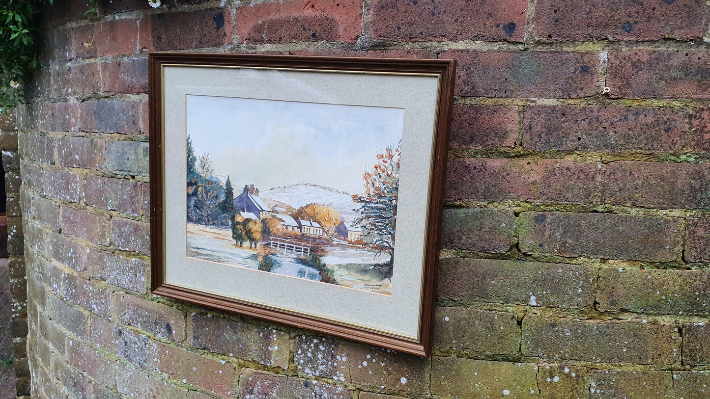 Vintage British Countryside Autumn Snow Original Signed Watercolour Village River Framed