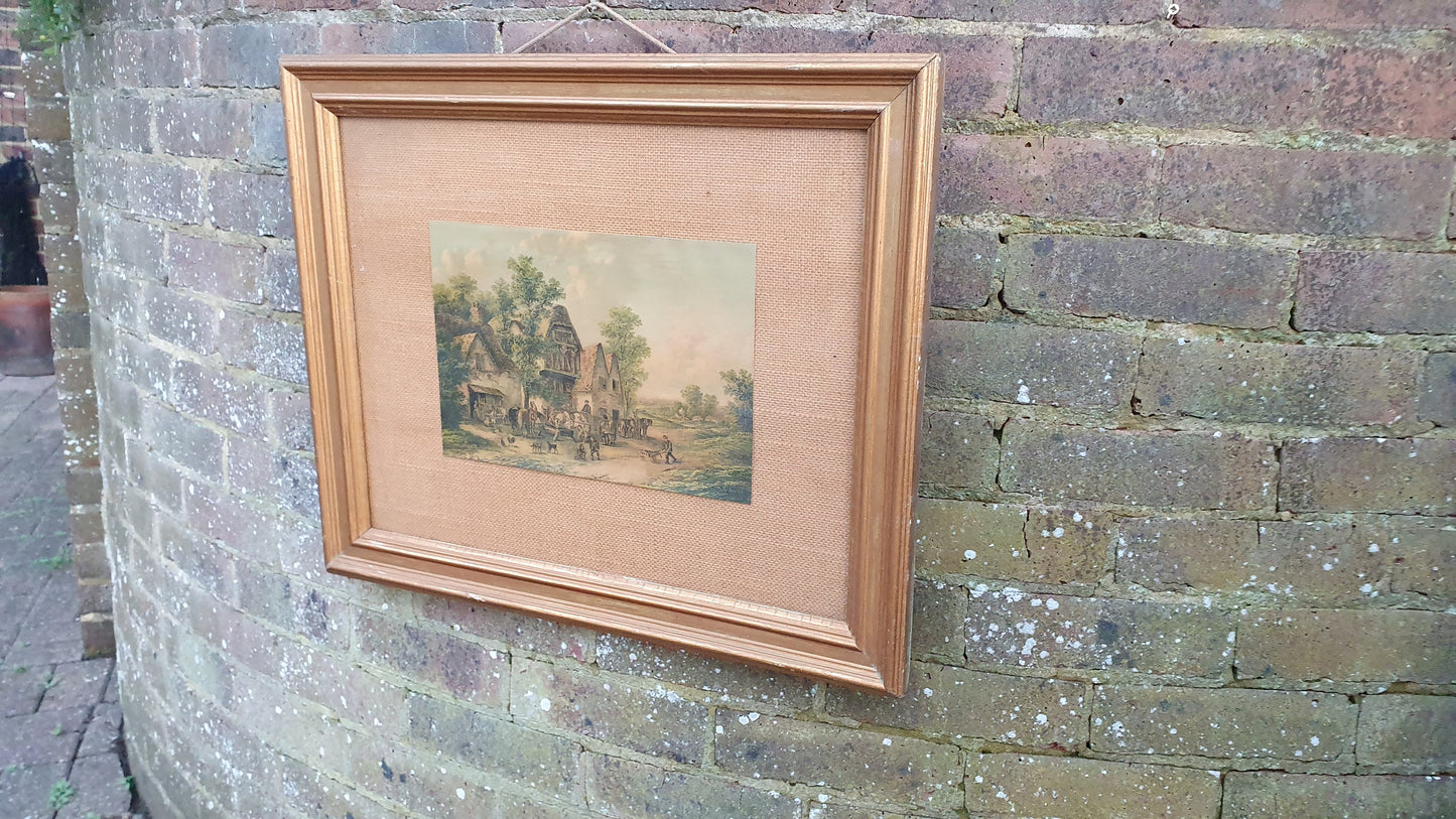 Vintage Edward Masters Coloured Print Rural Life Engraving Countryside Cottages Summer British Art Framed 60 x 50 cm