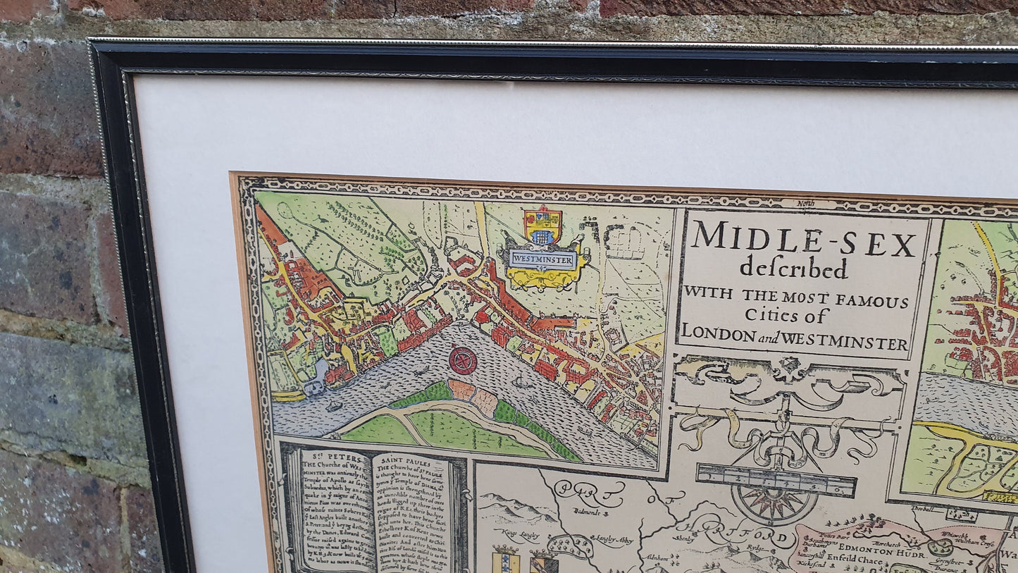 Large Vintage Historical Map Middlesex Colour Print London John Speed Norden Engraving 17th Century Framed 52 x 42 cm