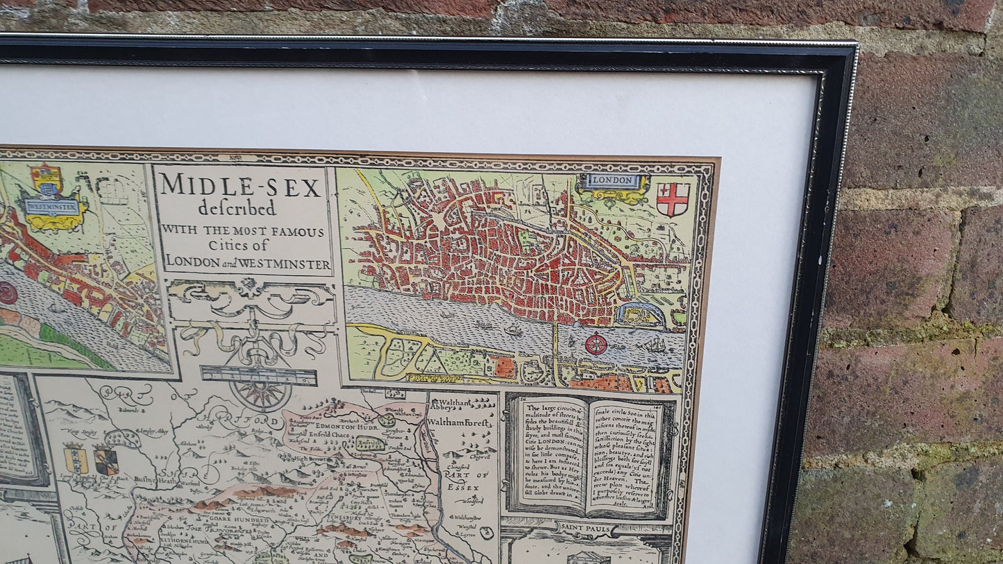 Large Vintage Historical Map Middlesex Colour Print London John Speed Norden Engraving 17th Century Framed 52 x 42 cm