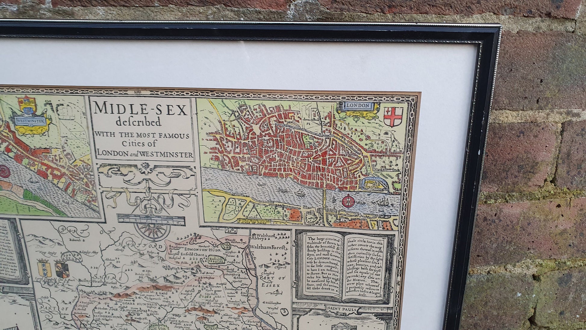 Large Vintage Historical Map Middlesex Colour Print London John Speed Norden Engraving 17th Century Framed 52 x 42 cm