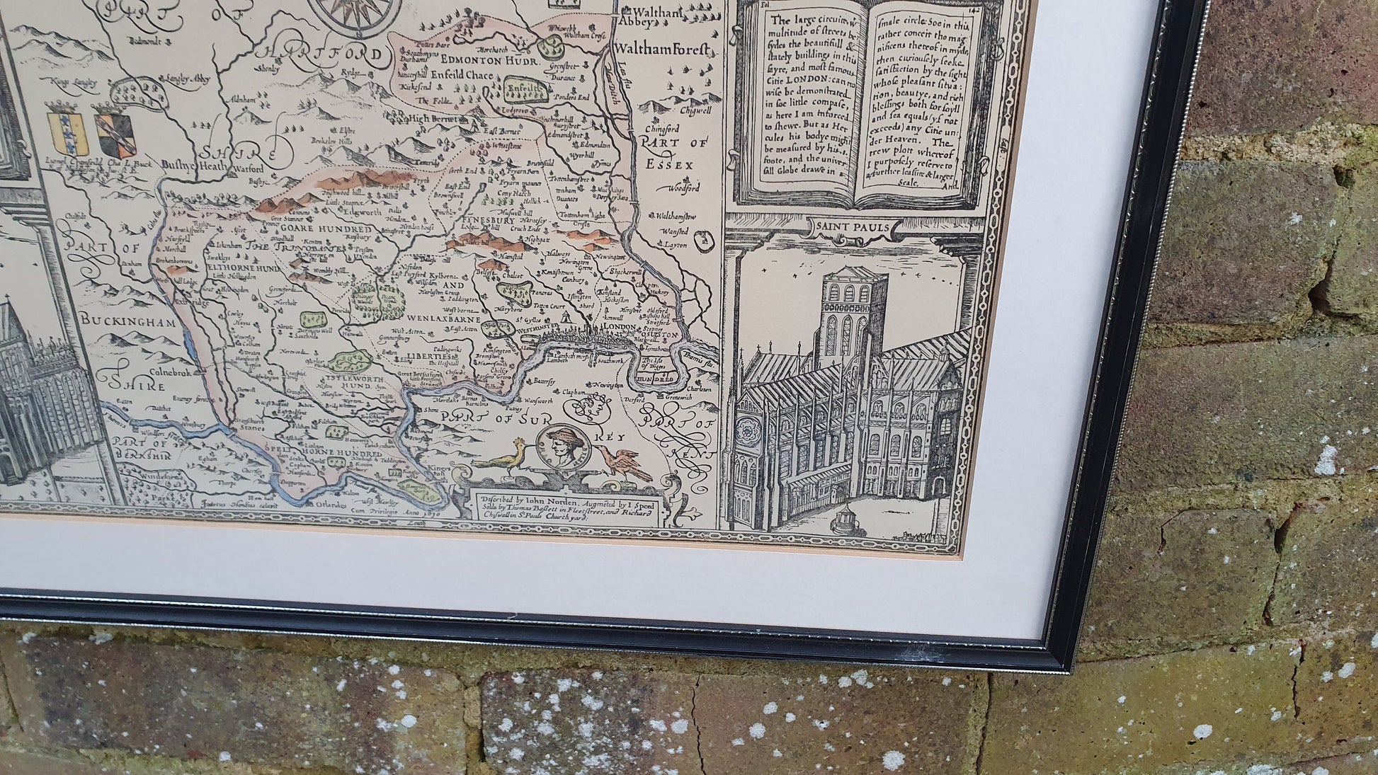 Large Vintage Historical Map Middlesex Colour Print London John Speed Norden Engraving 17th Century Framed 52 x 42 cm