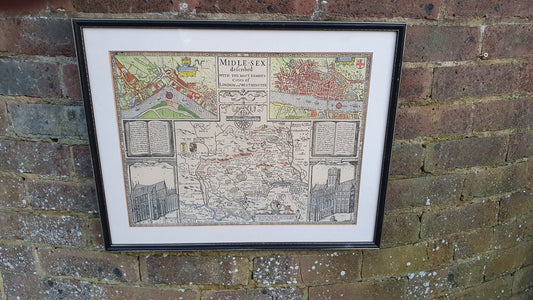 Large Vintage Historical Map Middlesex Colour Print London John Speed Norden Engraving 17th Century Framed 52 x 42 cm