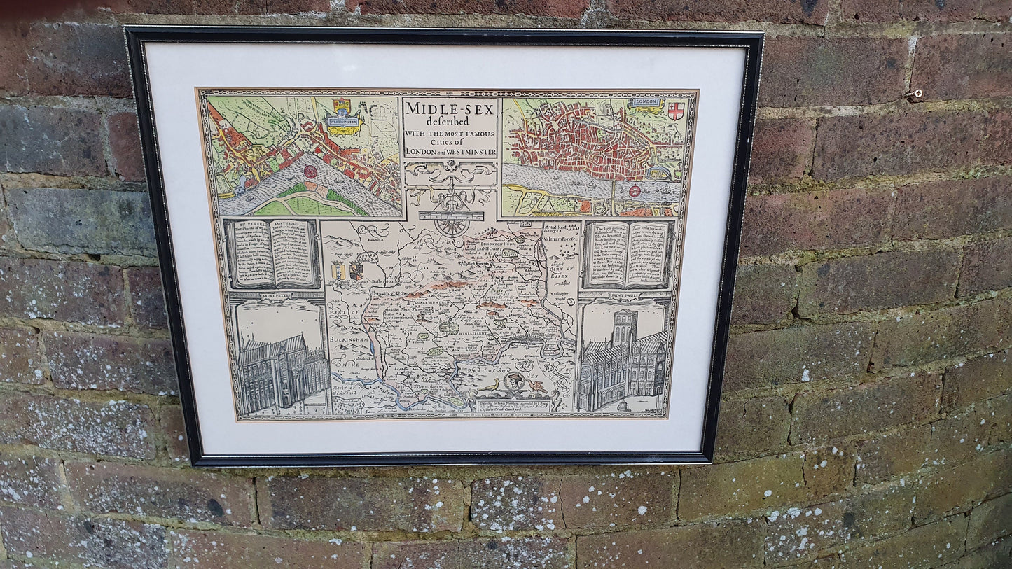 Large Vintage Historical Map Middlesex Colour Print London John Speed Norden Engraving 17th Century Framed 52 x 42 cm